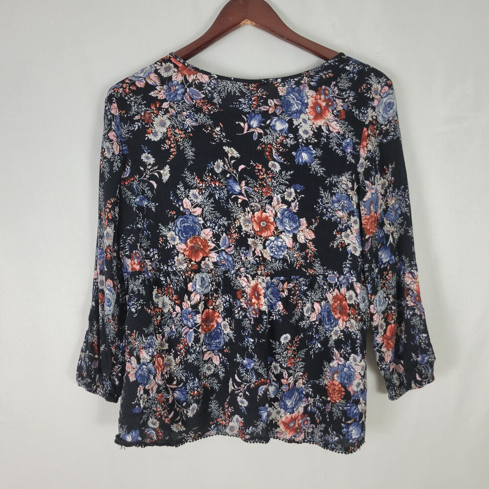 American Eagle Shirt Womens Small Boho Top Floral Long Peasant Sleeve Split Neck - Picture 2 of 10